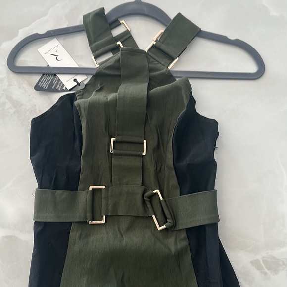 Rare London Green/Black Form Fitting Cross-Back Dress with Gold Buckle Details - Picture 6 of 10